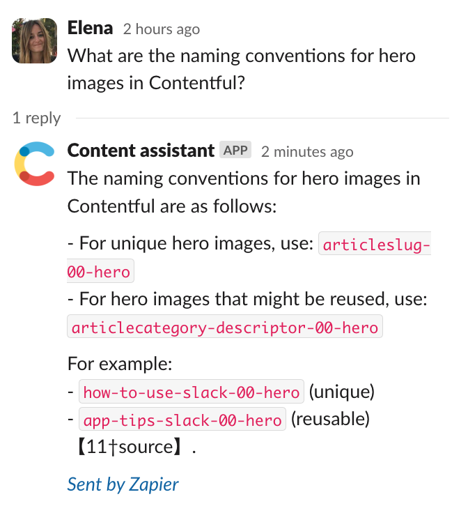 An AI Assistants Zap at work in Slack.