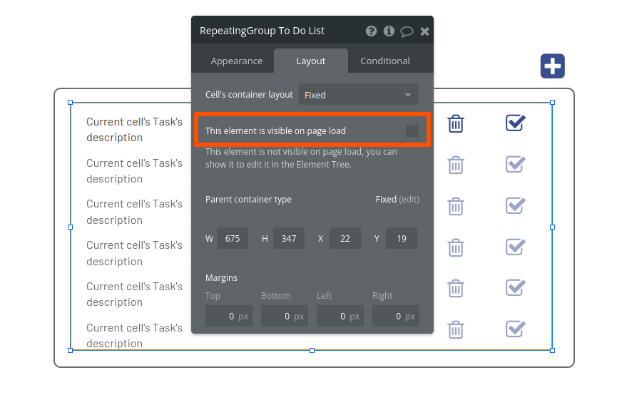 Untick this element is visible on page load