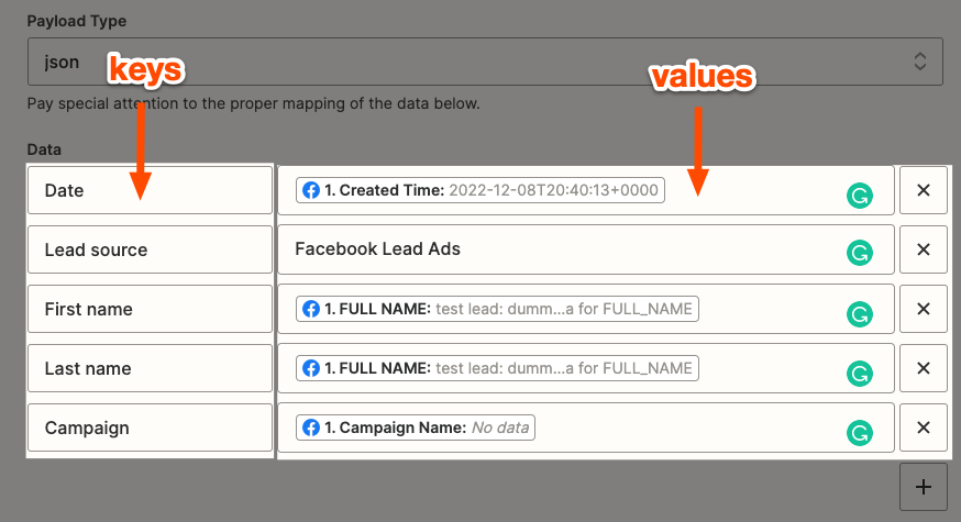 Orange arrows and the text "keys" and "values" label different fields in the Zap editor.