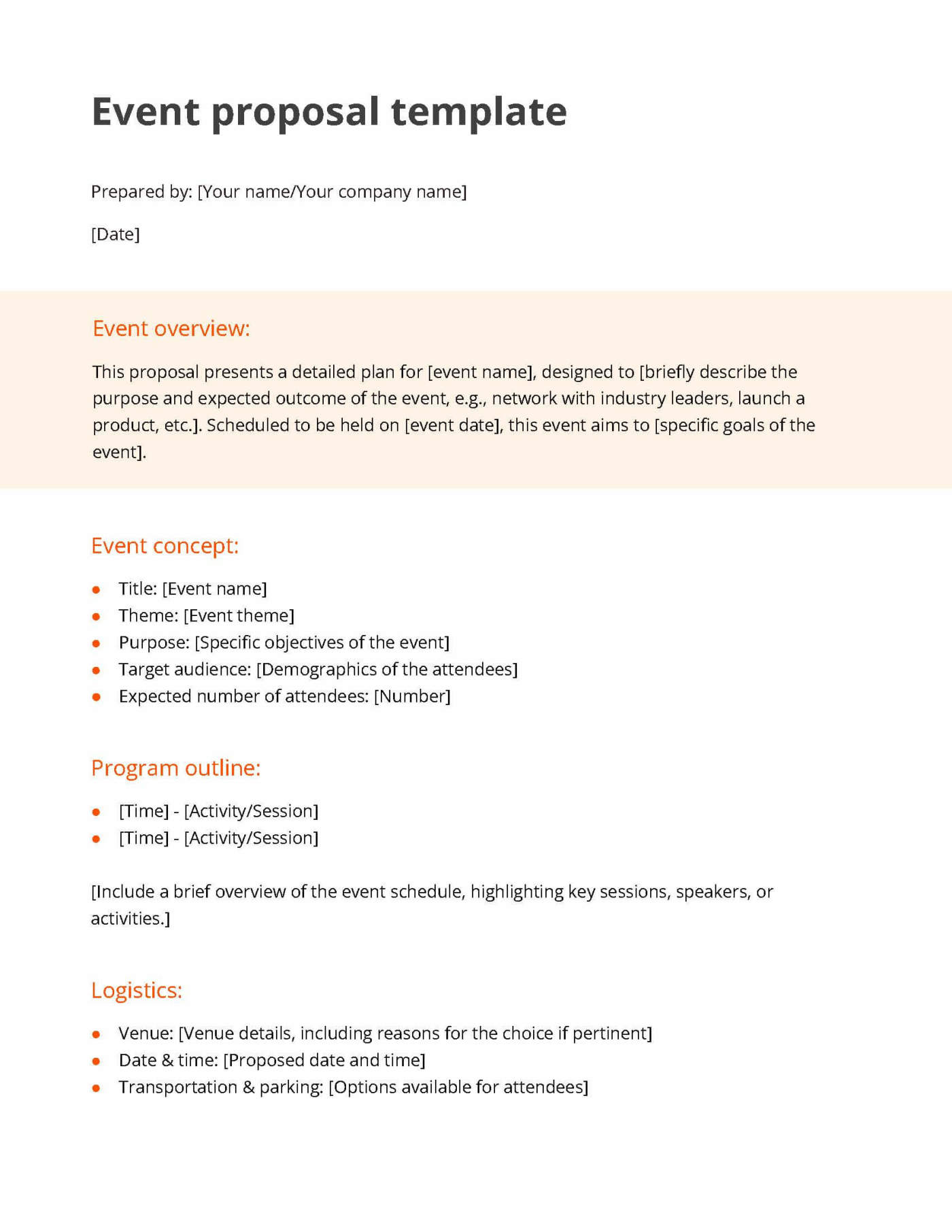 White and orange event proposal template including sections for an event concept, program outline and logistics