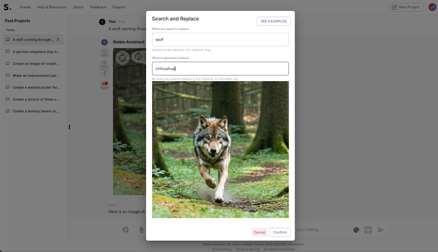 The search and replace function in Stable Diffusion, asking to replace a wolf with a Chihuahua