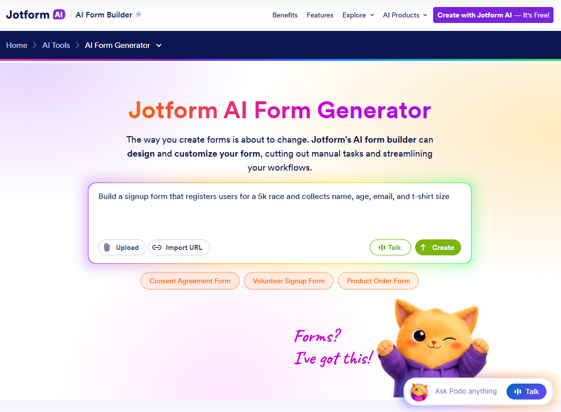 Jotform's AI form builder