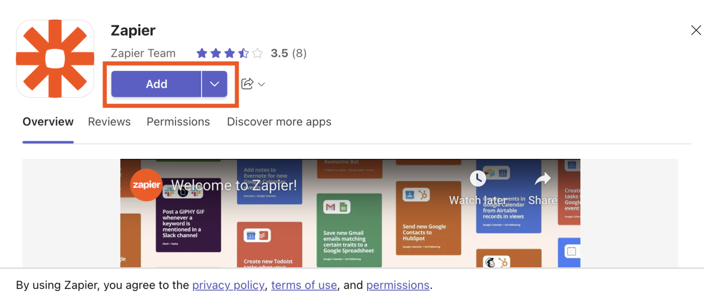 A screenshot of the Zapier app page in the Microsoft app store, with the "Add" button highlighted.