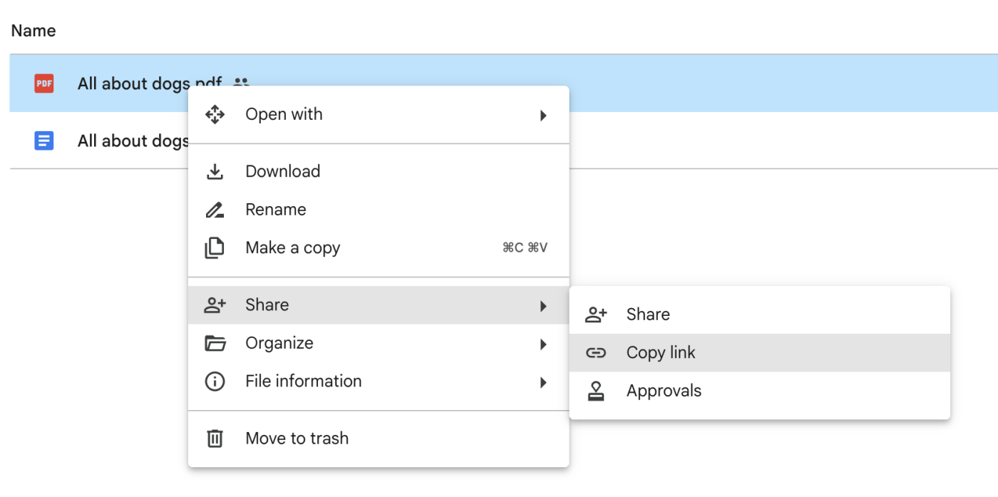 Expanded view of the right-click menu of a PDF file in Google Drive. The option to copy a sharing link is highlighted.