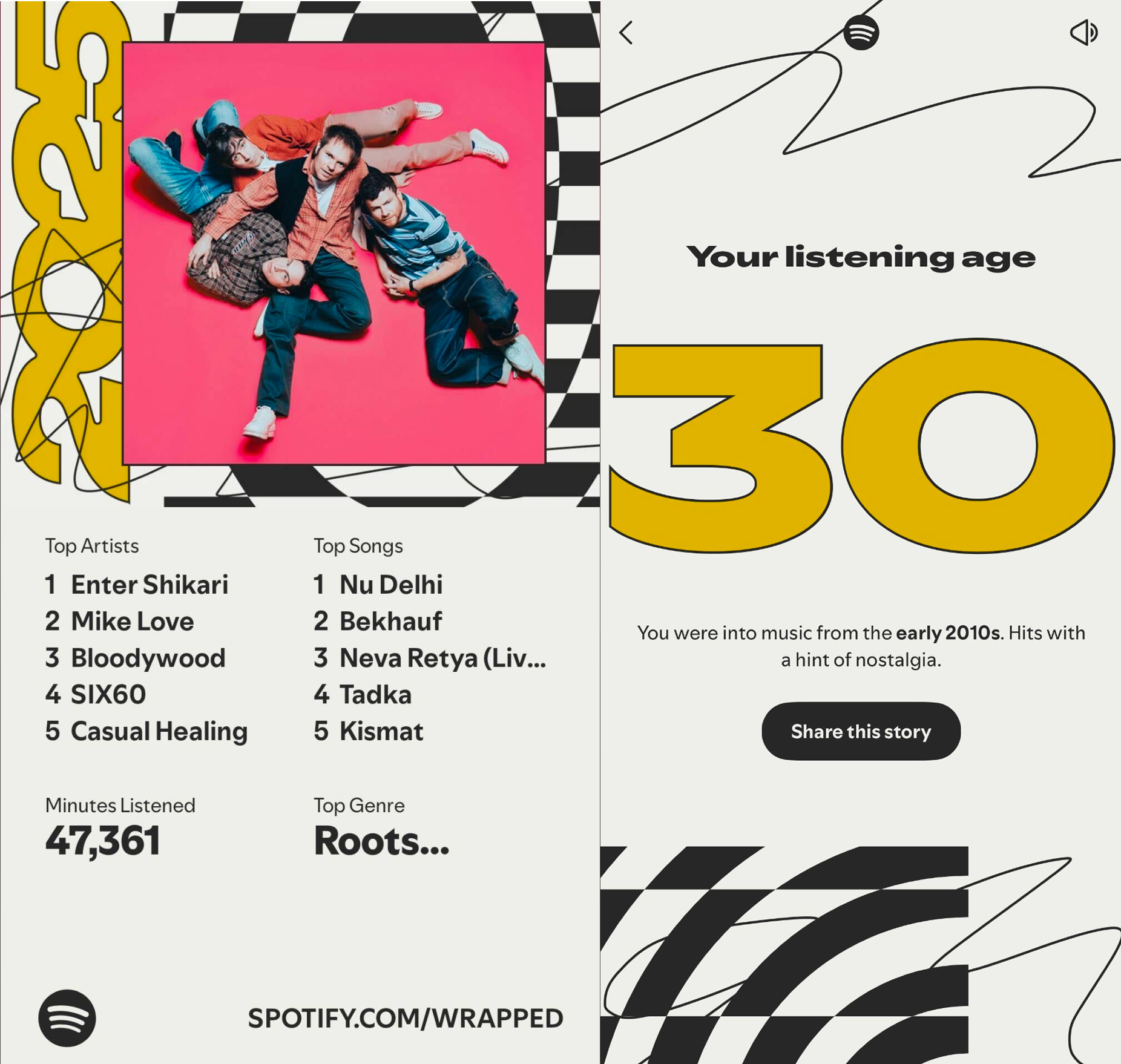 Side-by-side view of Spotify Wrapped, ready-to-share stories. 