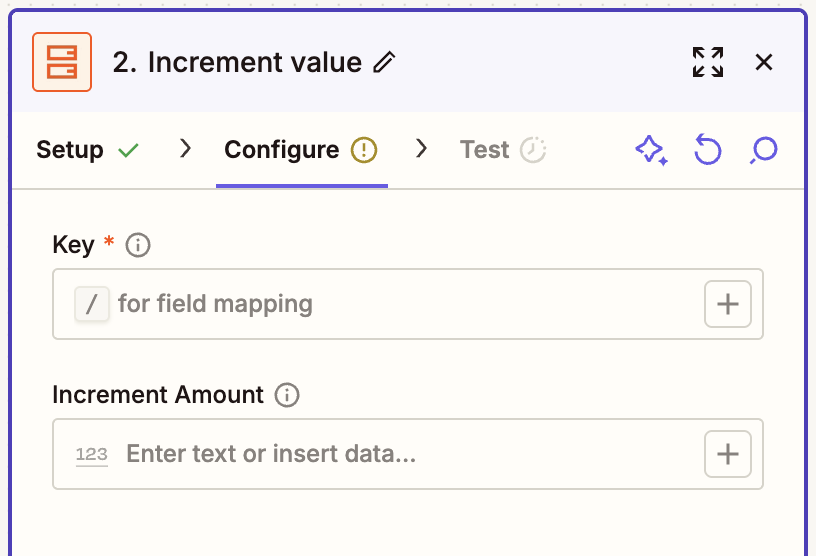A window where the user can configure their action step by entering a key and increment amount