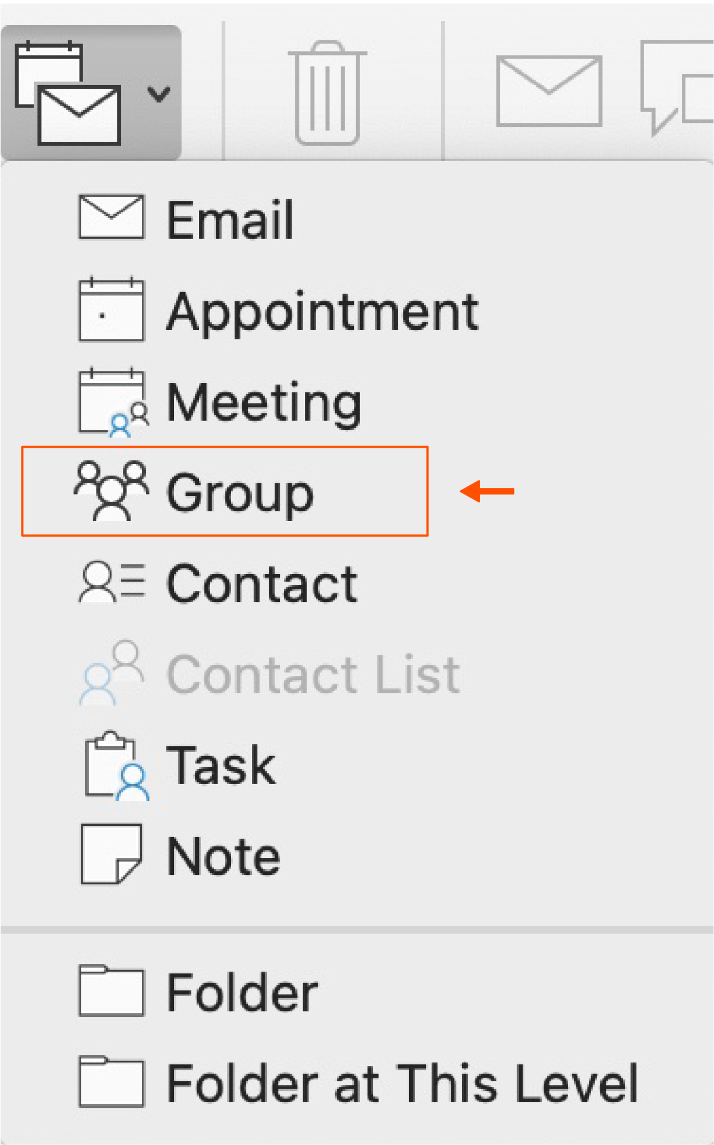 Screenshot showing where the option to create a group is in Outlook.