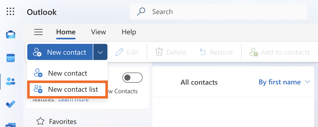 Screenshot showing where the option to create a group is in Outlook.