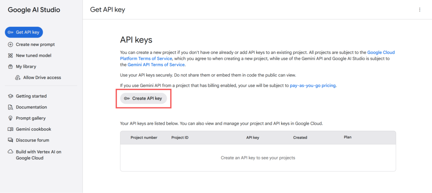 The Create API key button in Google AI Studio