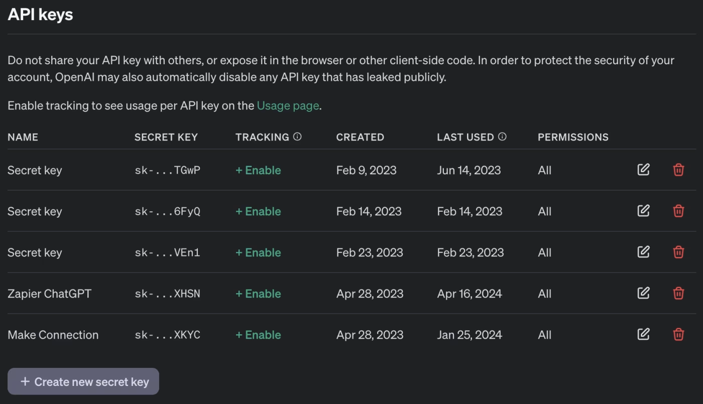 Screenshot of secret keys in OpenAI