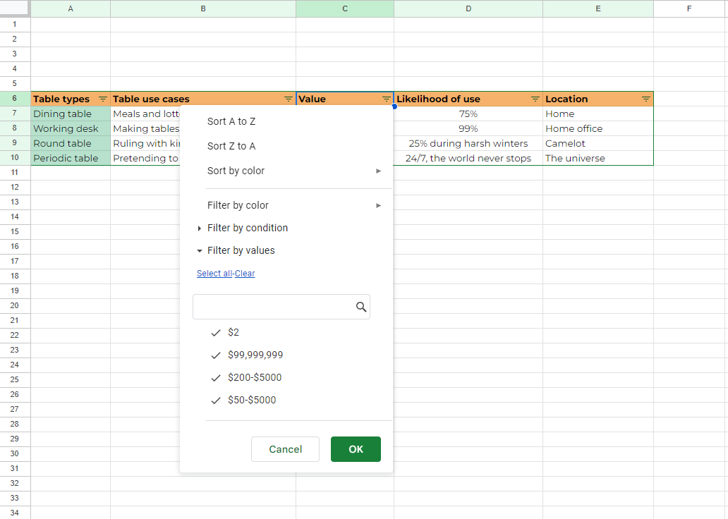 Screenshot showcasing how to use a filter in Google Sheets