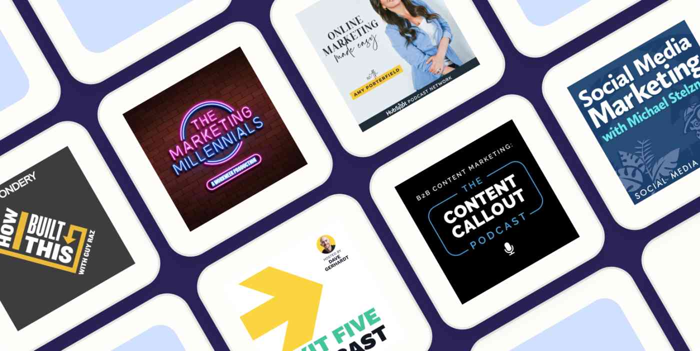A hero image with the logos for the best marketing podcasts