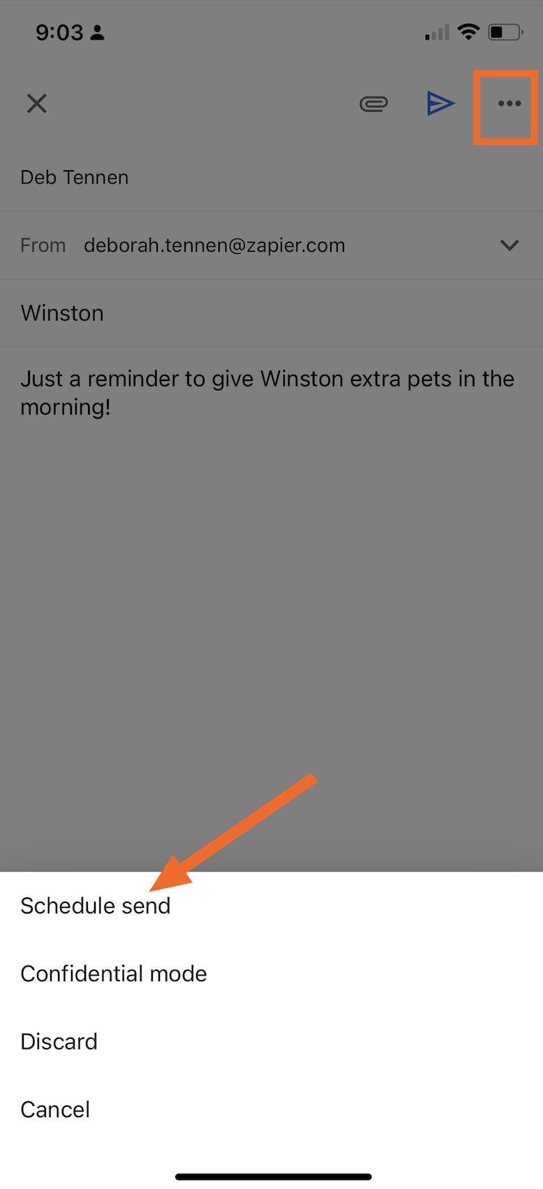 The schedule email option in Gmail on mobile