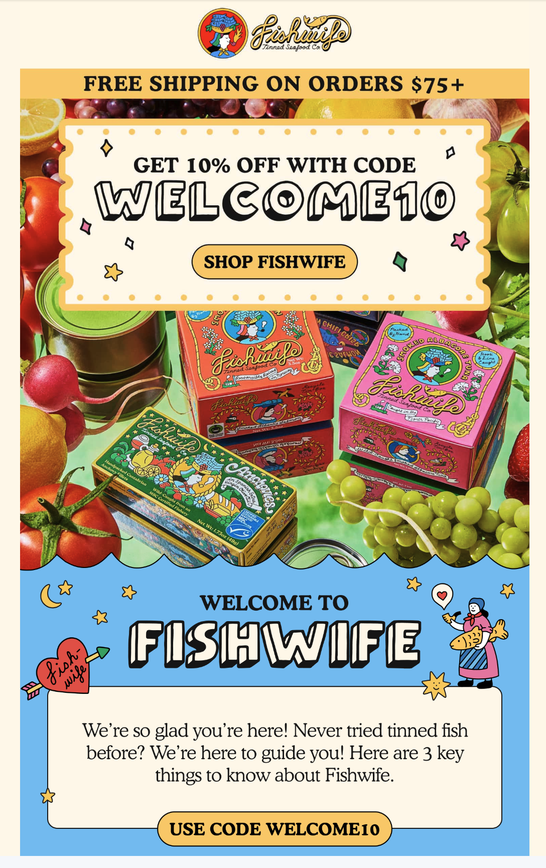 Welcome email with a discount code from Fishwife. 