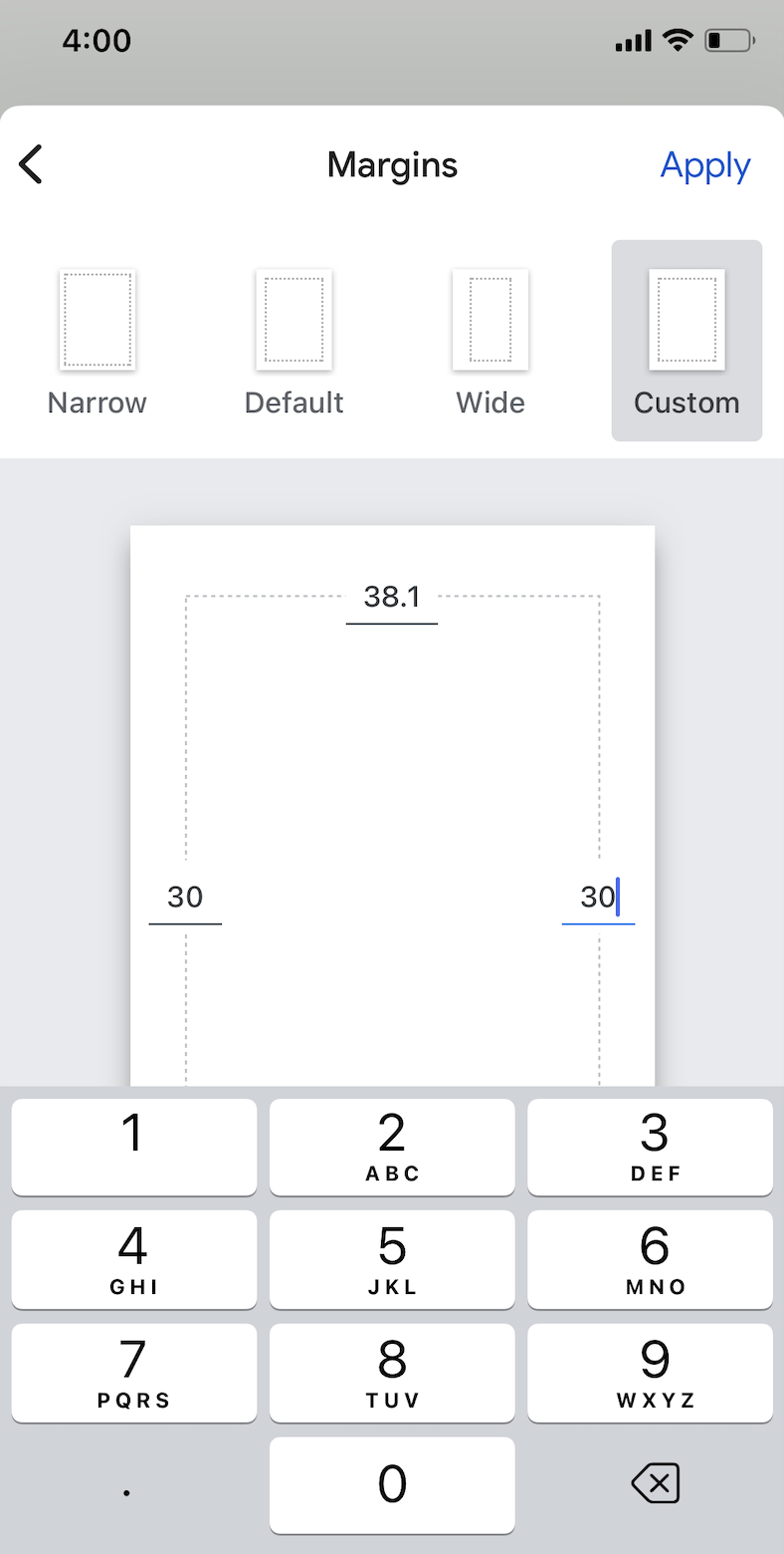 How to enter custom margins in Google Docs in the mobile app for iPhone.