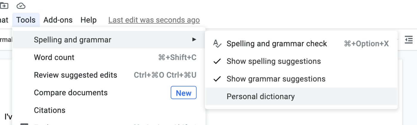 Personal dictionary in Google Docs