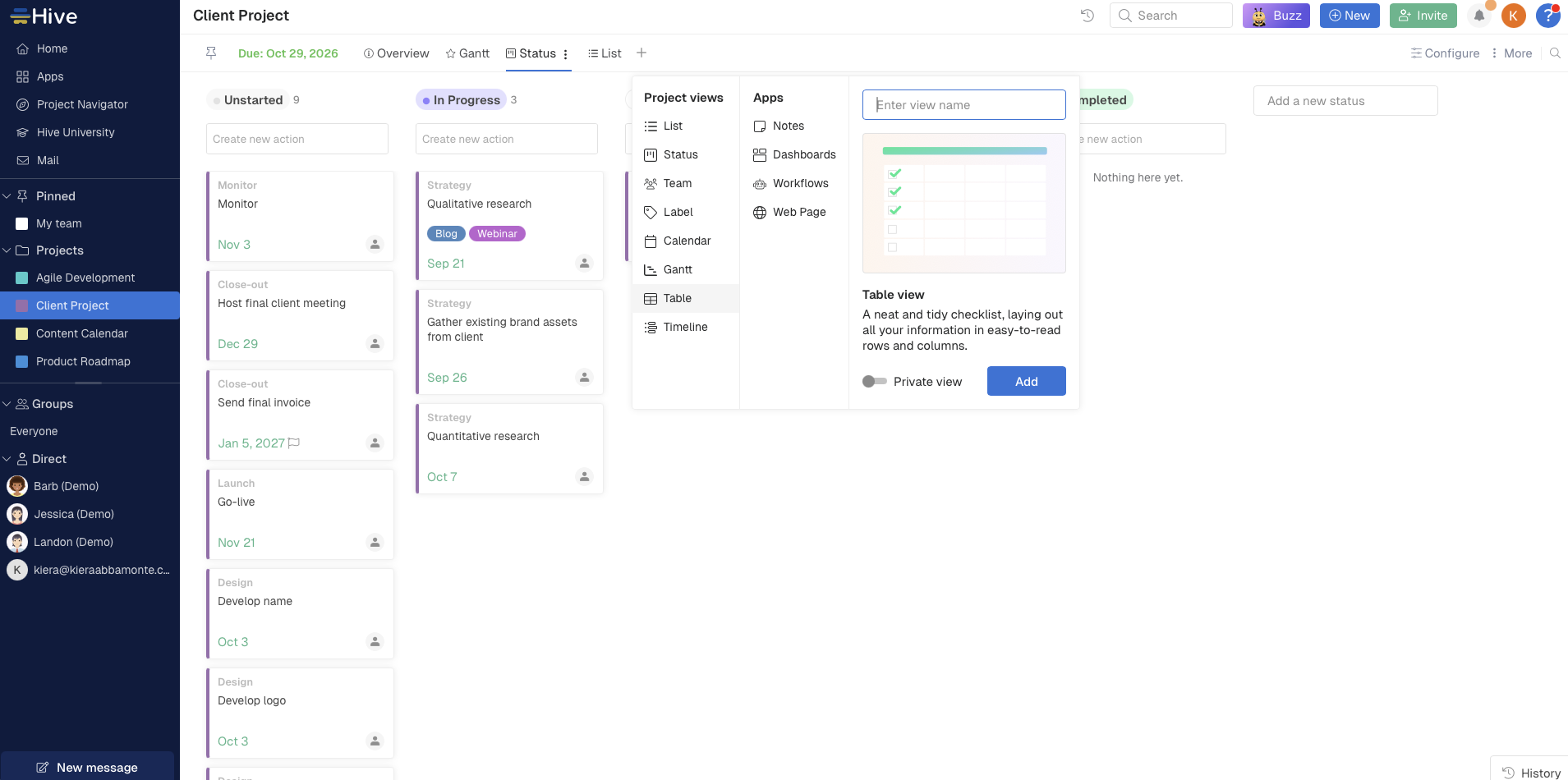 Hive, our pick for the best project management software for customized views