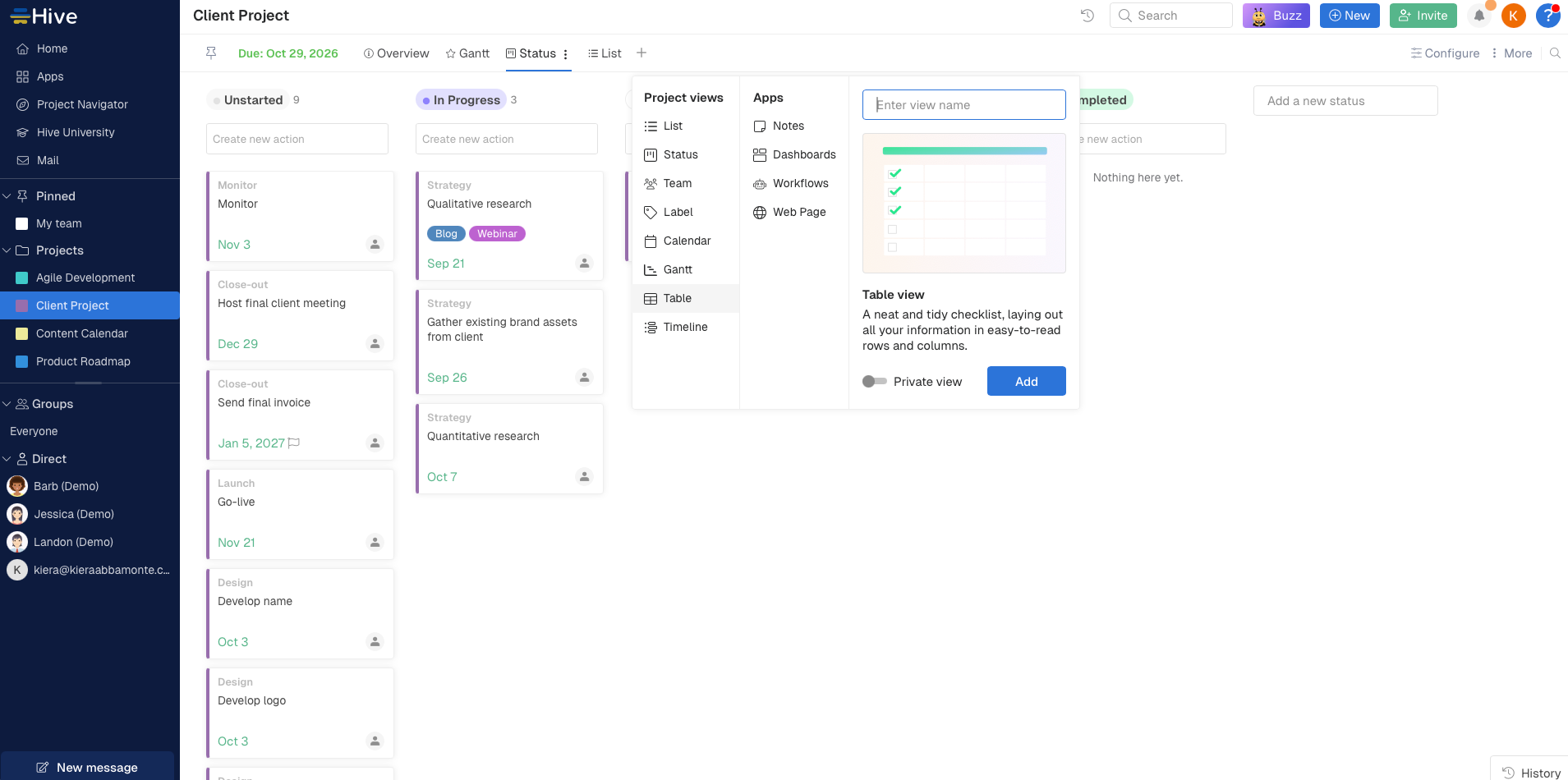Hive provides multiple view options for teams with different visualization preferences