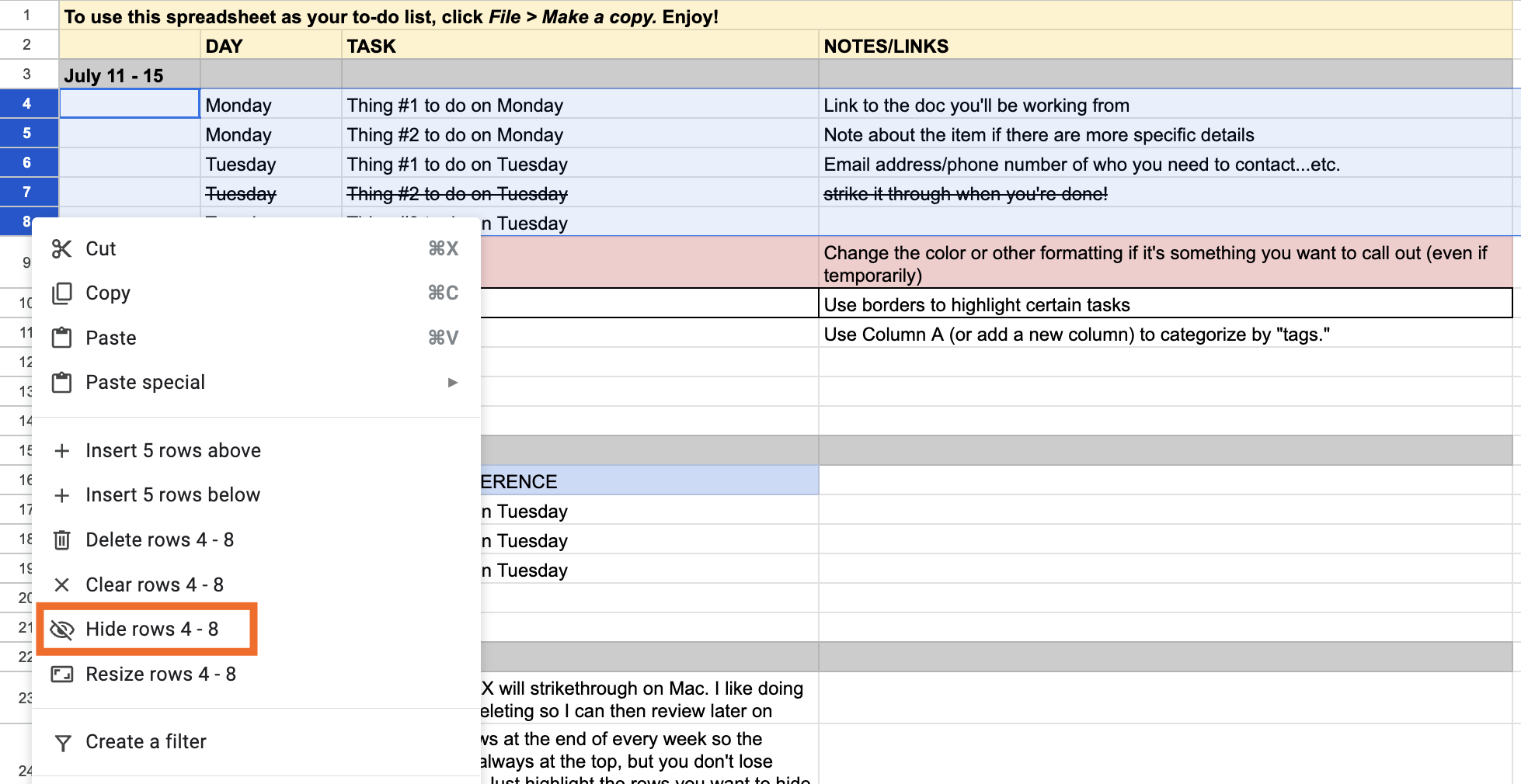 Demo of how to hide rows in Google Sheets. 