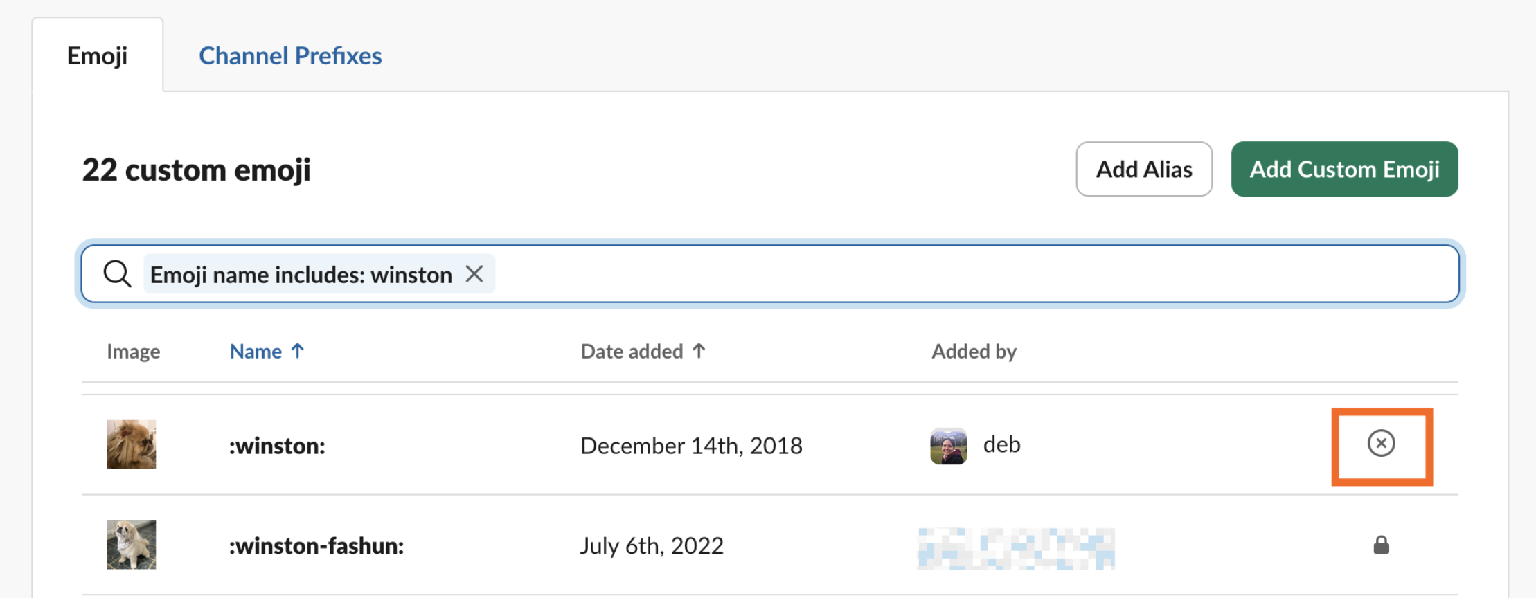The X icon to delete a Slack custom emoji