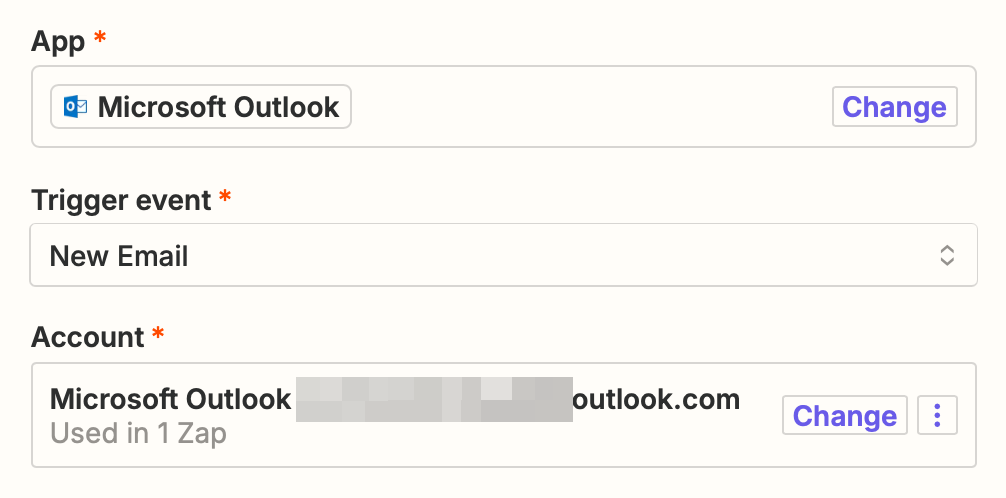 A trigger step in the Zap editor with Microsoft Outlook selected for the trigger app and New Email selected for the trigger event.