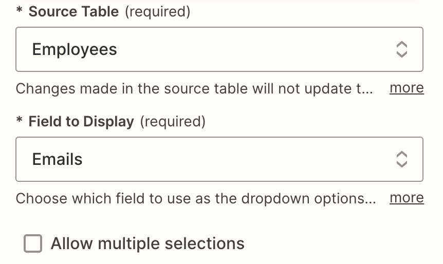 Screenshot of source table field
