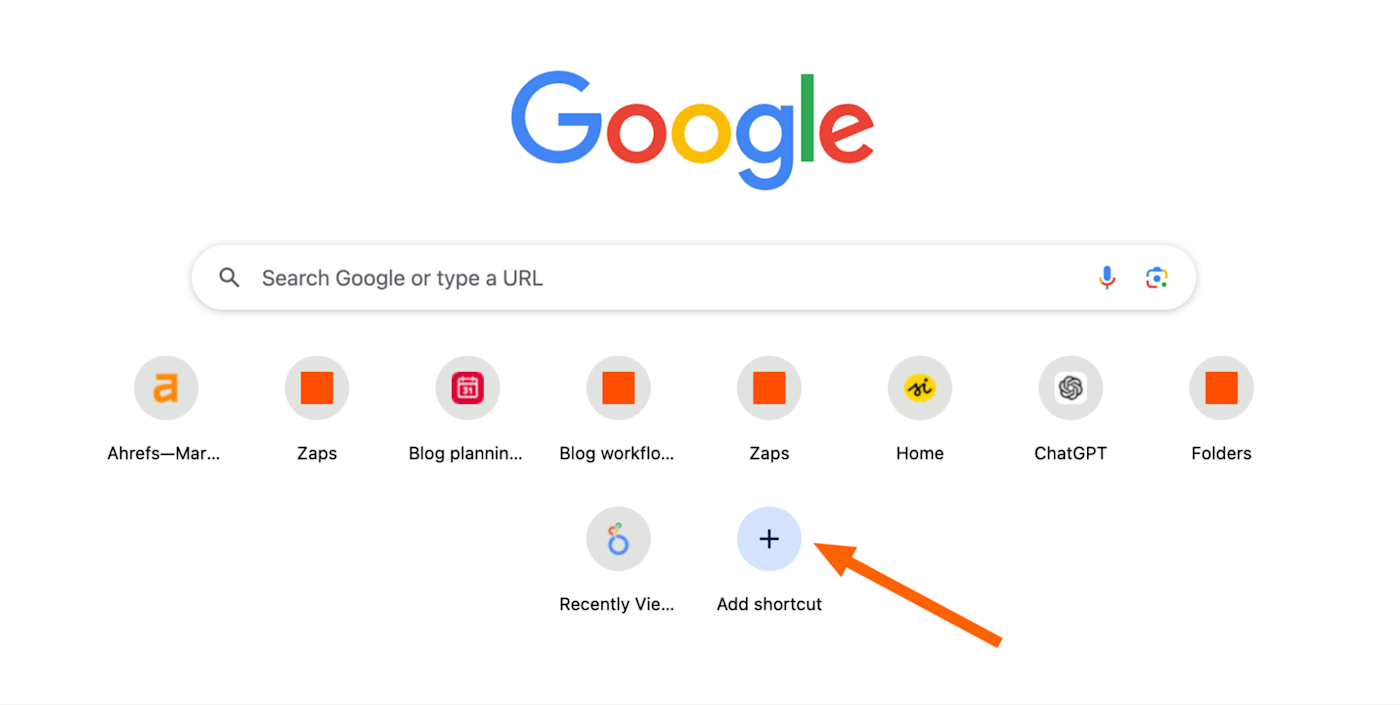 Google homepage showing shortcuts, with an arrow pointing to "Add shortcut."