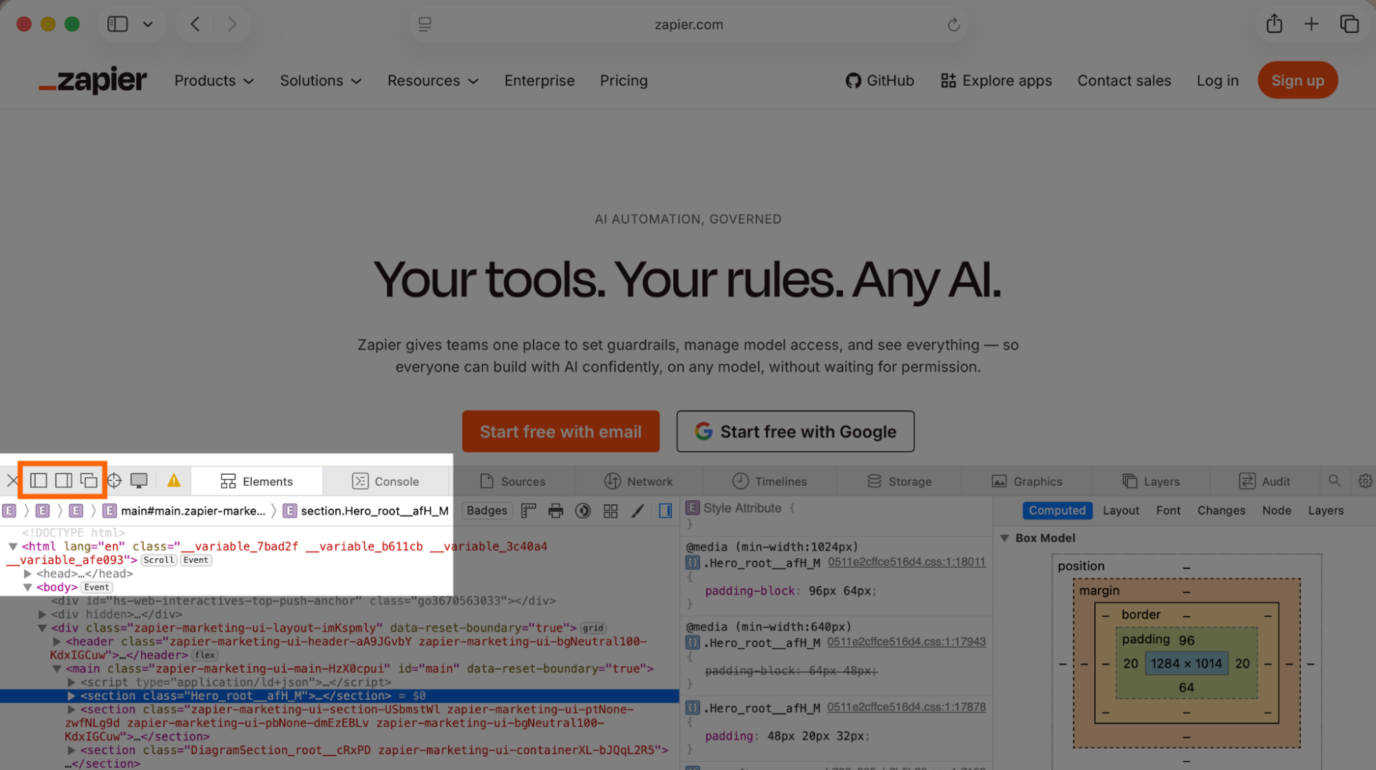 DevTools pane in Safari with docking options highlighted.