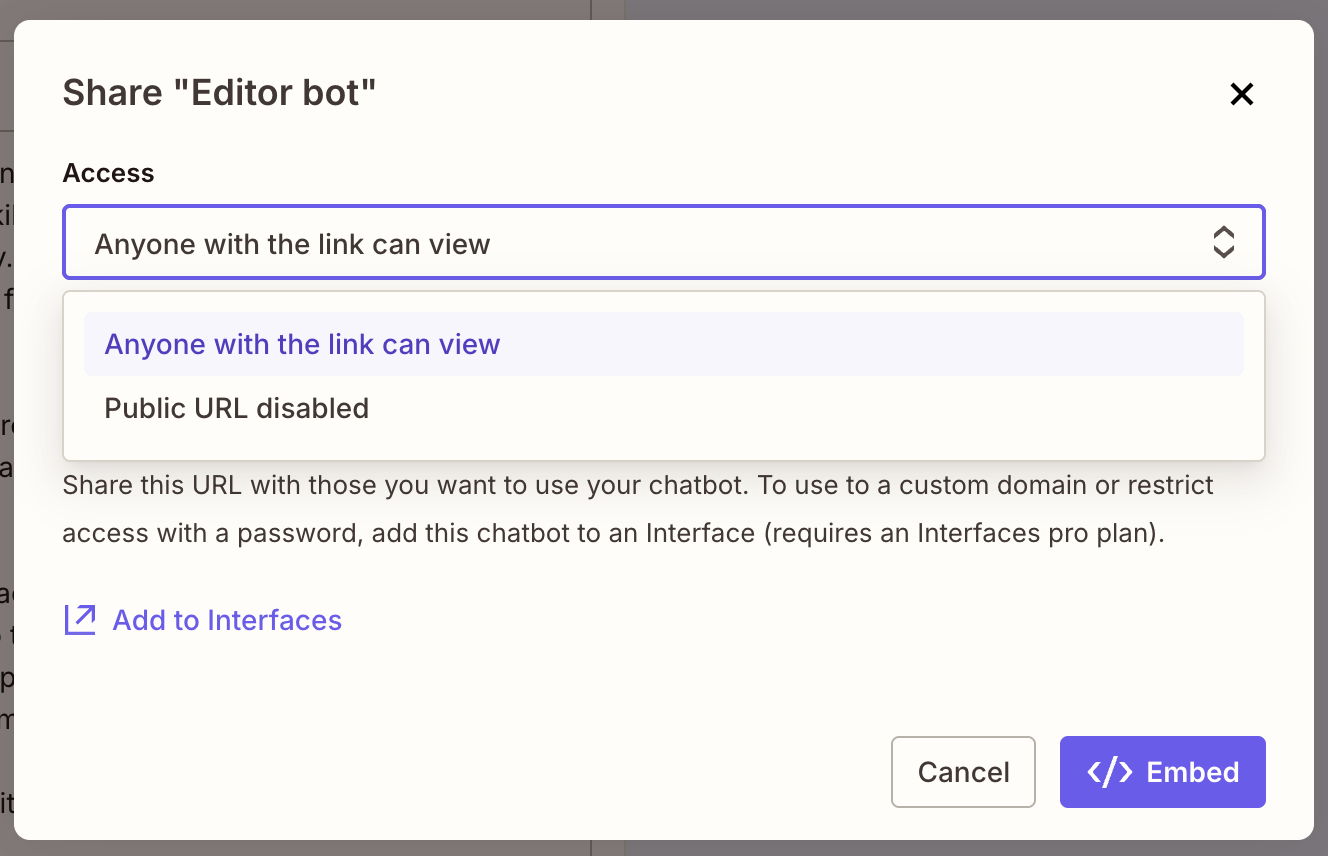 Screenshot of editor bot access