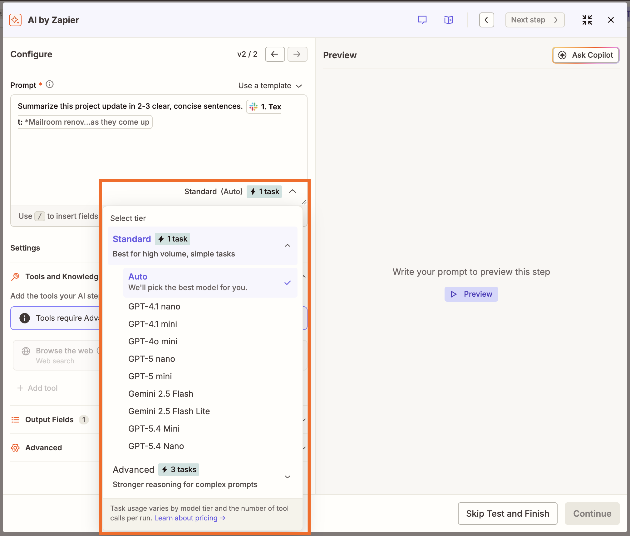 Zapier পর্যায়ে AI এর মধ্যে AI মডেল নির্বাচন