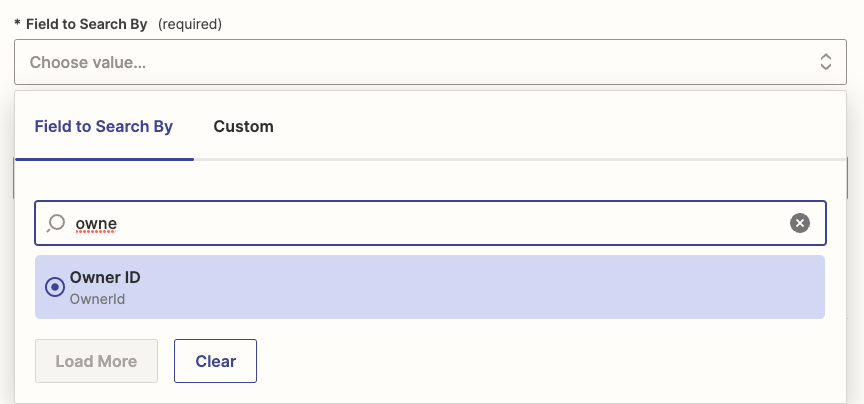 Click on the dropdown menu and select the owner ID for the field to search by.