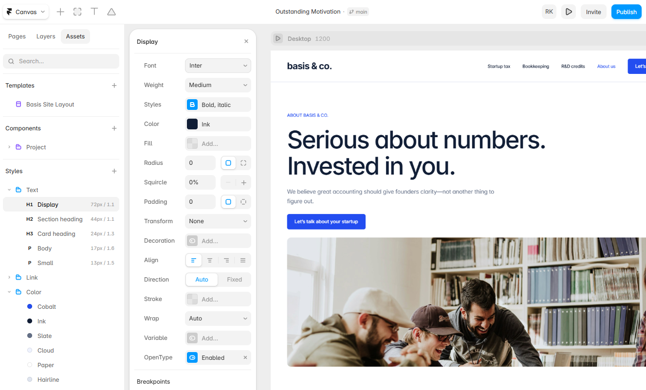 Framer's Assets section for editing site-wide elements