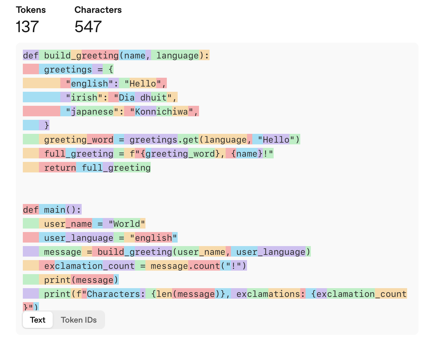 Example of code snippet broken down into tokens in AI using OpenAI's tokenizer.