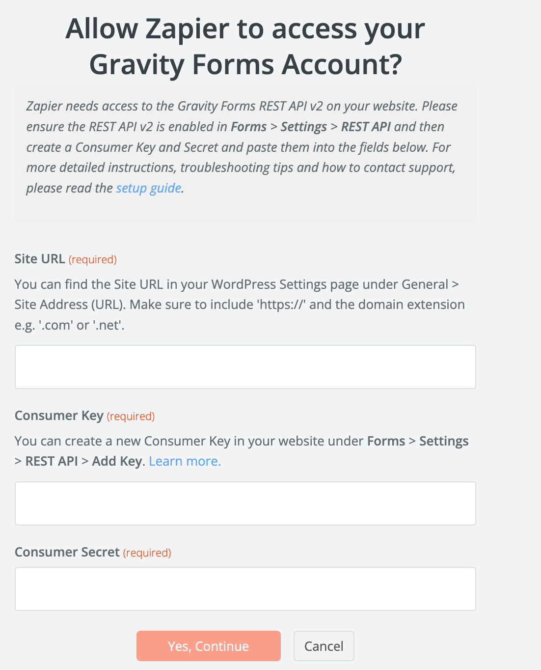A permissions pop-up titled "Allow Zapier to Access Your Gravity Forms Account?".