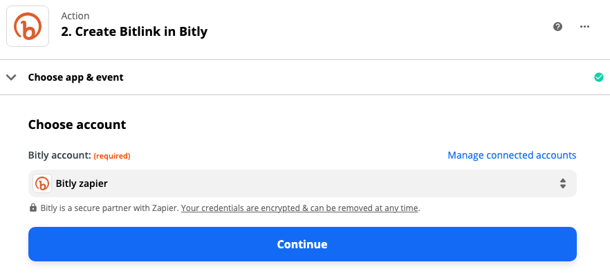 The Bitly account is connected in the Zap editor.
