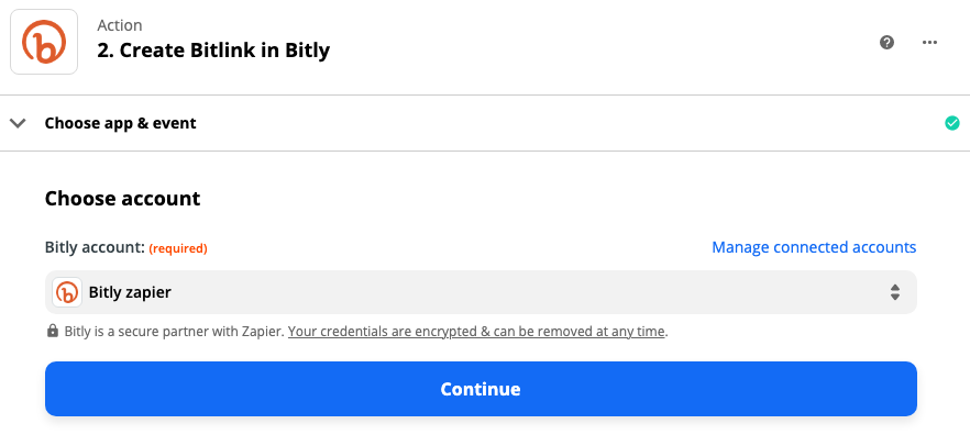 Le compte Bitly est connecté dans l'éditeur Zap.