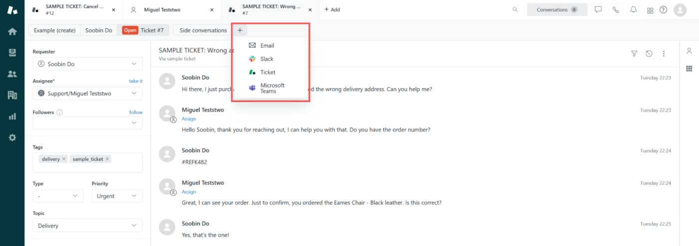 Sample customer ticket in Zendesk with three available communication channels (email, Slack, and ticket) for "Side conversations" highlighted.