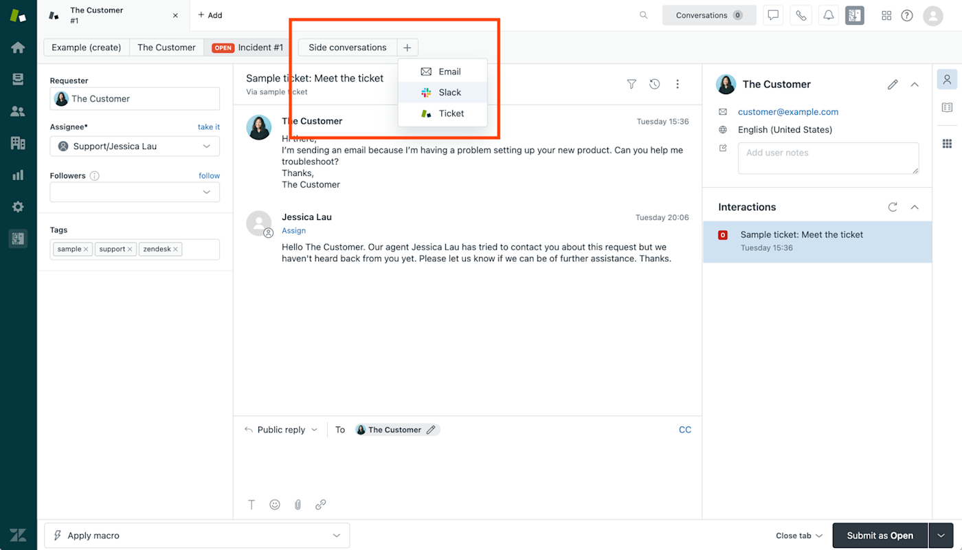 Sample customer ticket in Zendesk with three available communication channels (email, Slack, and ticket) for "Side conversations" highlighted.