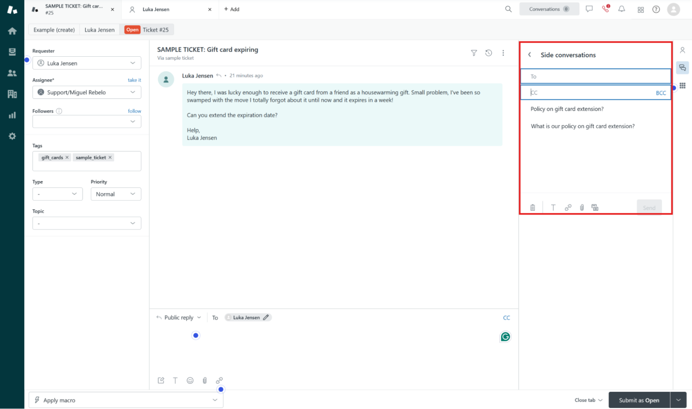 Sample customer ticket in Zendesk with three available communication channels (email, Slack, and ticket) for "Side conversations" highlighted.