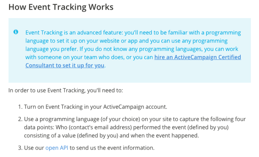 Text reads: EventTracking is an advanced feature: you'll need to be familiar with a programming language to set it up..."