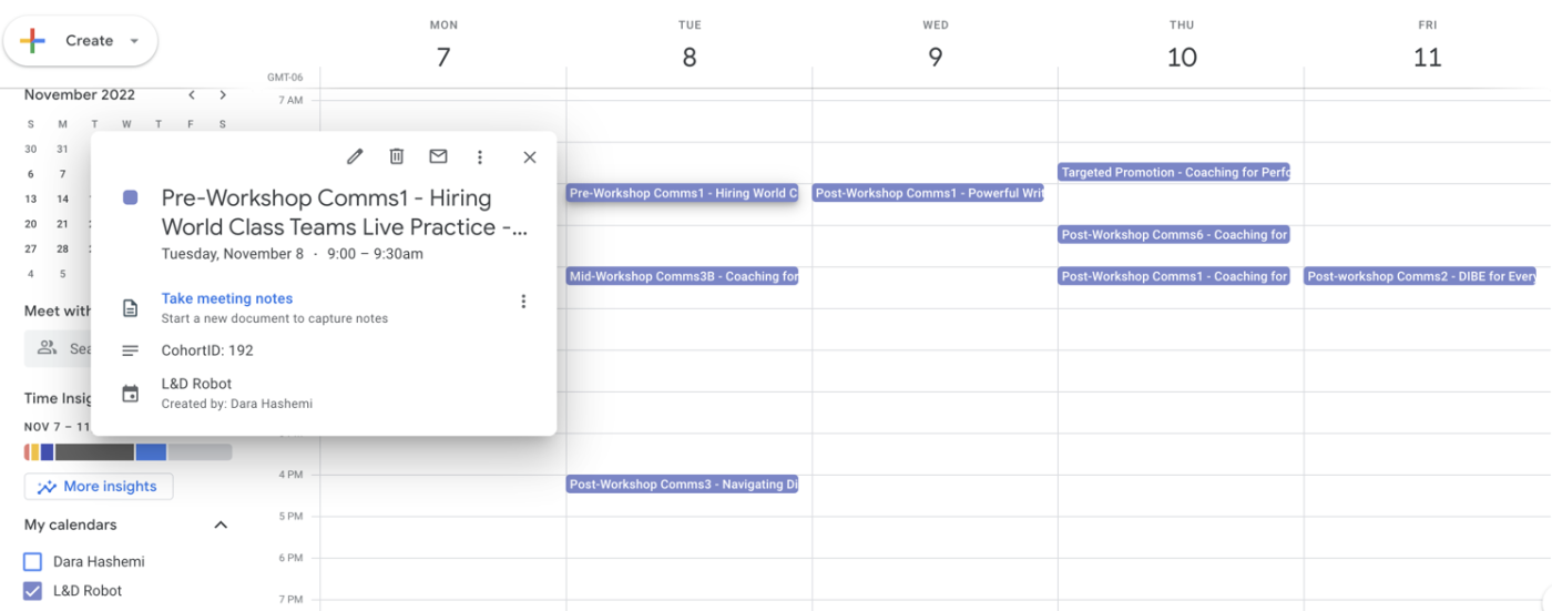 A Google Calendar with scheduled workshop calendar events. Details for one calendar event are shown highlighted.
