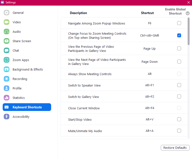 List of Zoom keyboard shortcuts