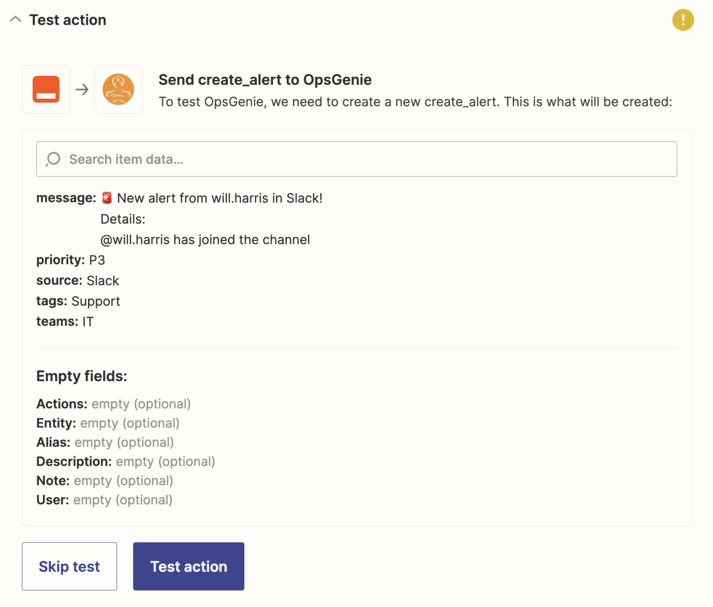 A screenshot of a test for an OpsGenie action step in Zapier.