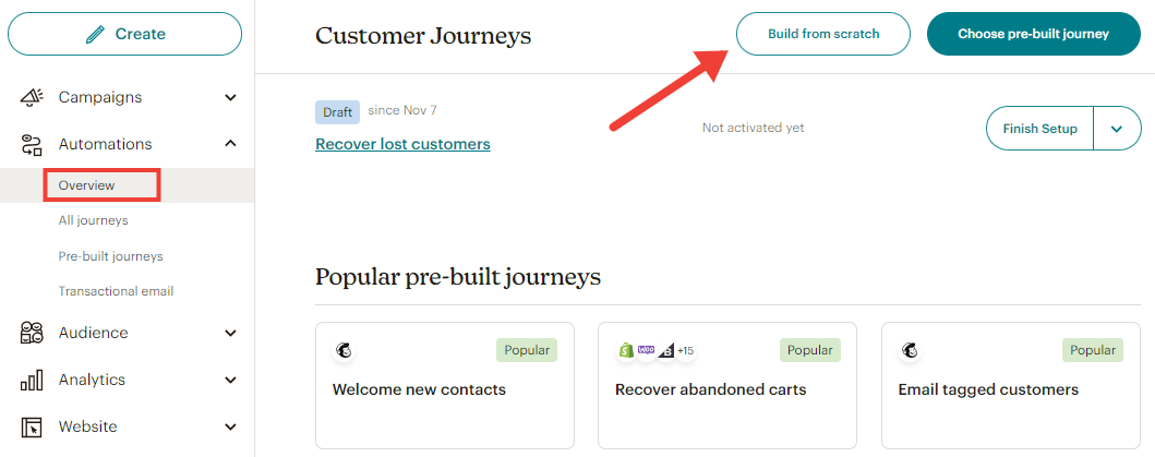 The Build from scratch button in Mailchimp