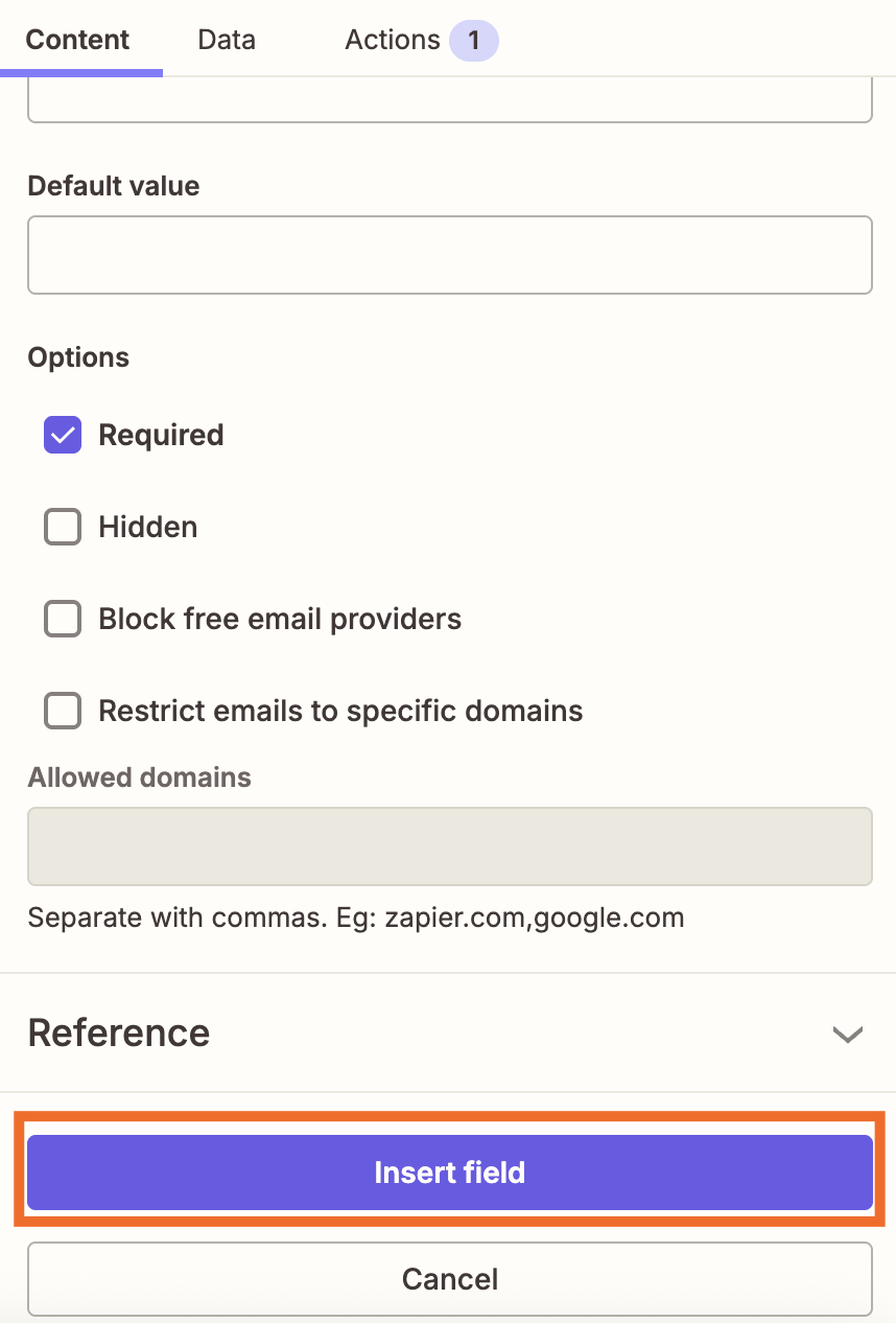 Field settings panel with required options selected and a purple Insert field button at the bottom