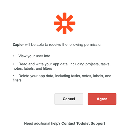 Todoist confirming to give Zapier permission to read and write app data