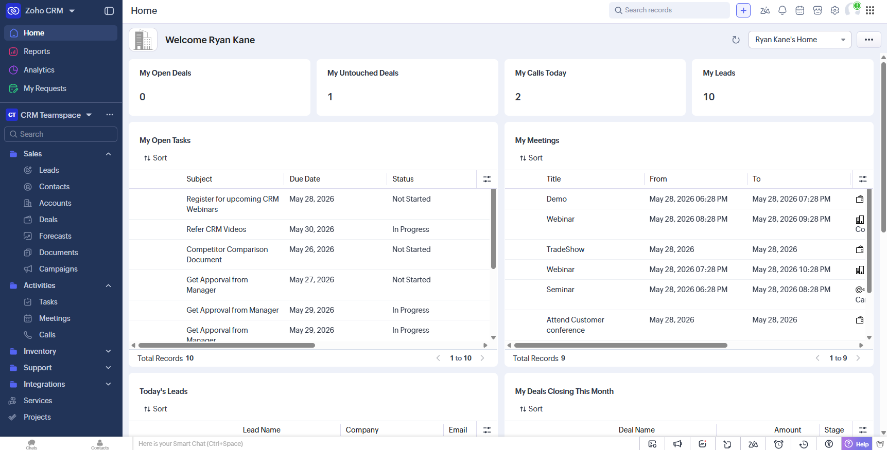 Zoho CRM dashboard