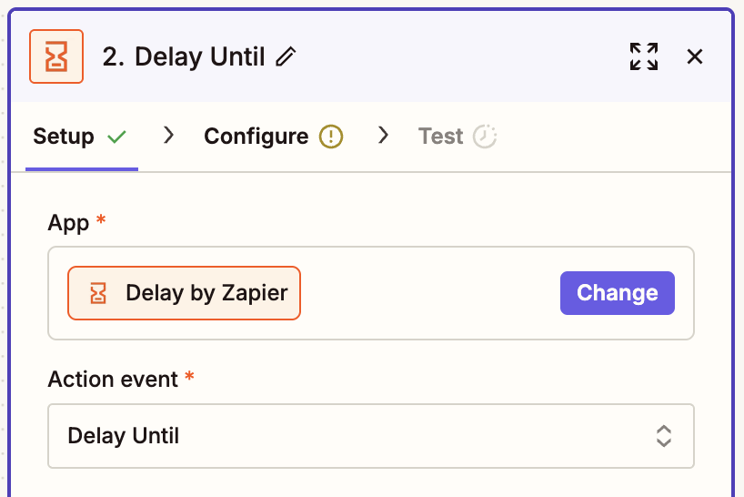 A screenshot of a window in the Zap editor with "Delay Until" selected in the Action event field.