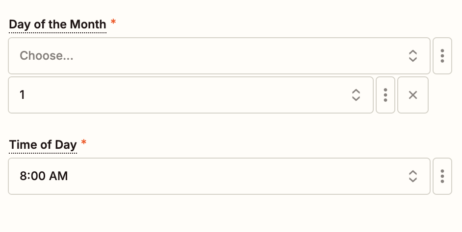 Screenshot of day and time of month trigger fields