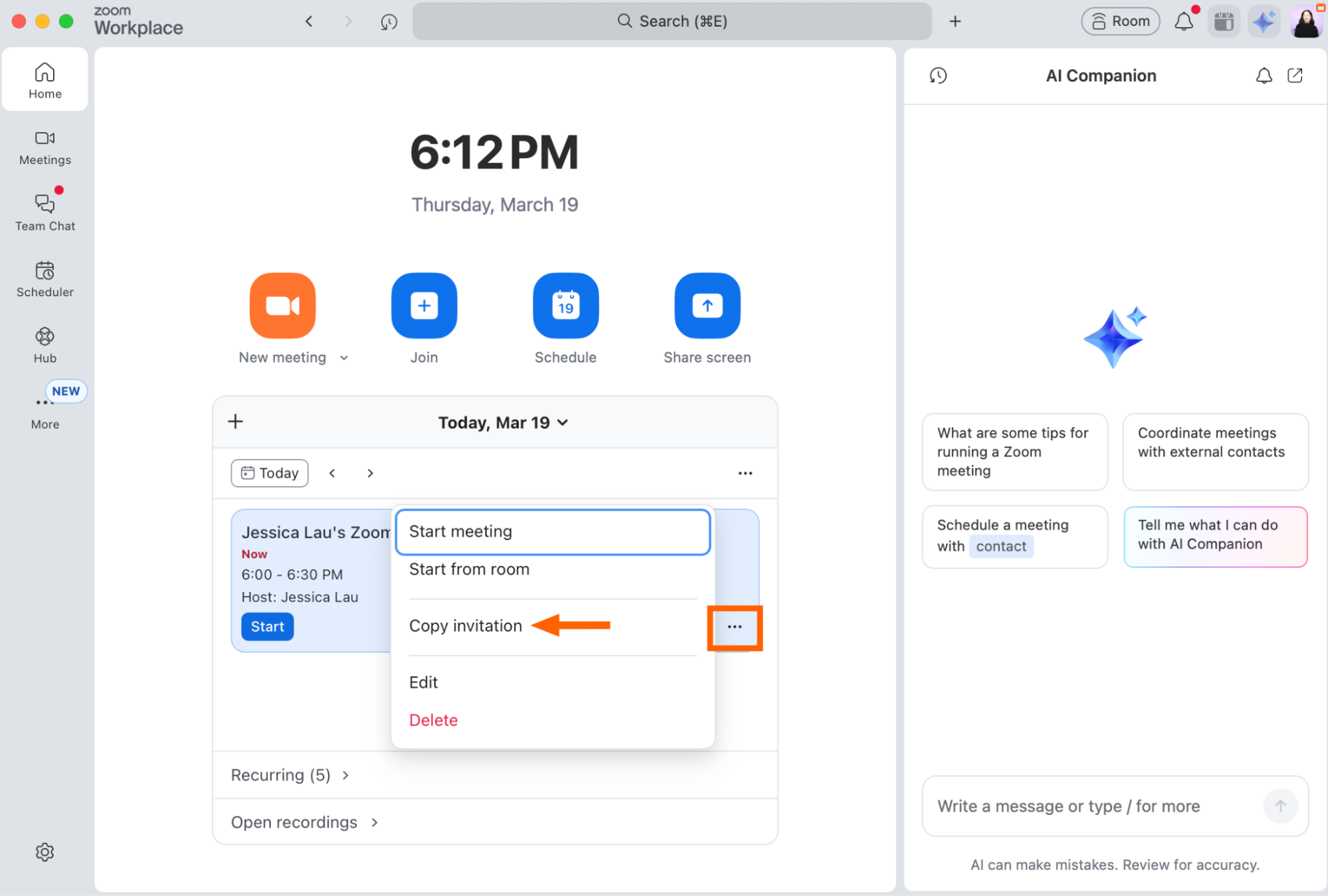 How to create a Zoom meeting link for non-recurring meetings displayed in the Zoom desktop app.